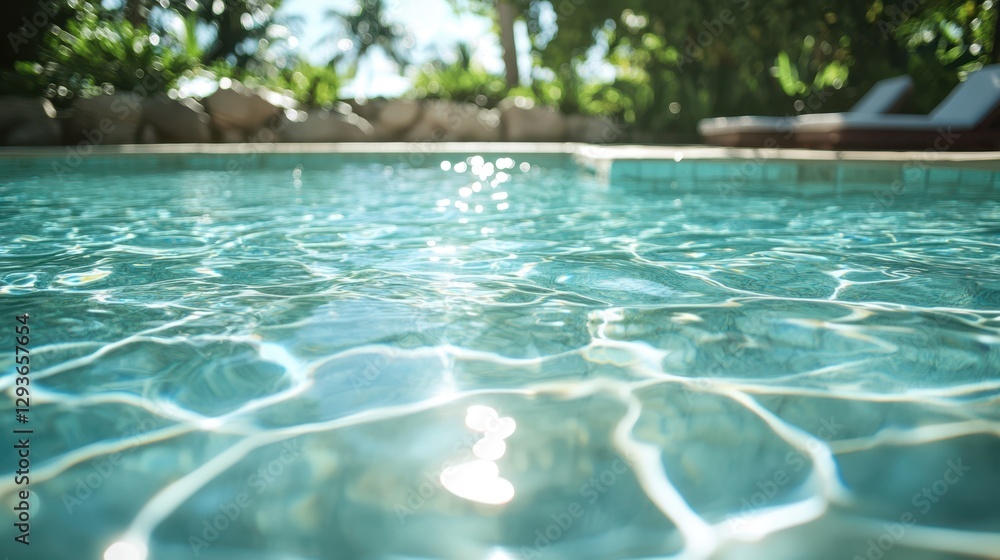 Fototapeta premium A serene pool reflects sunlight, creating sparkling patterns on the water's surface, inviting relaxation and enjoyment under a bright sky.