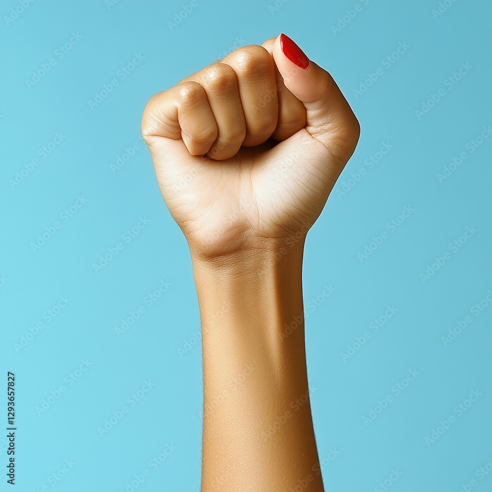 A close-up shot of a clenched fist raised in the air against a blue background. A close-up shot of a clenched fist raised in the air against a blue background.