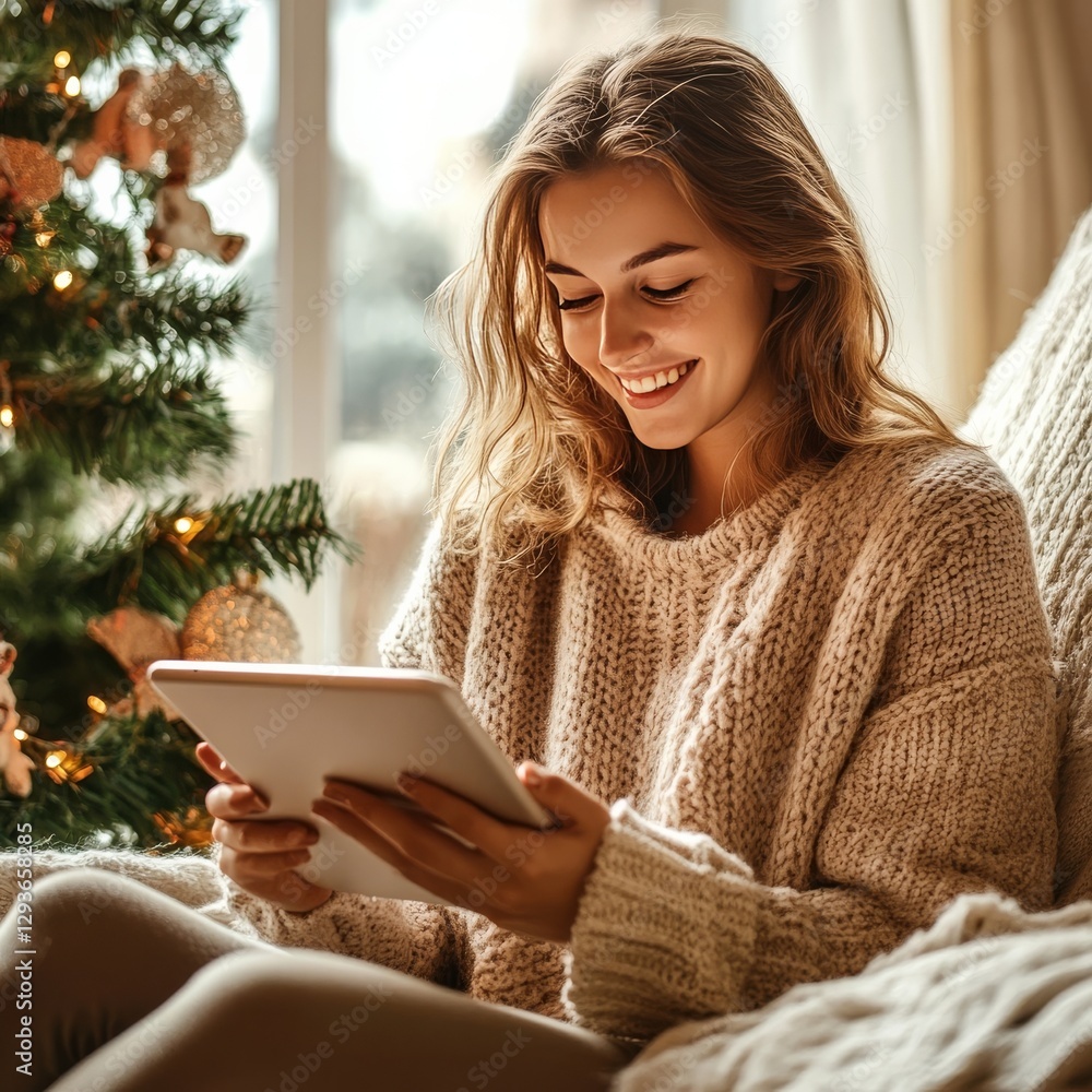 Tech-savvy woman enjoys internet on Christmas. Tech-savvy woman enjoys internet on Christmas.