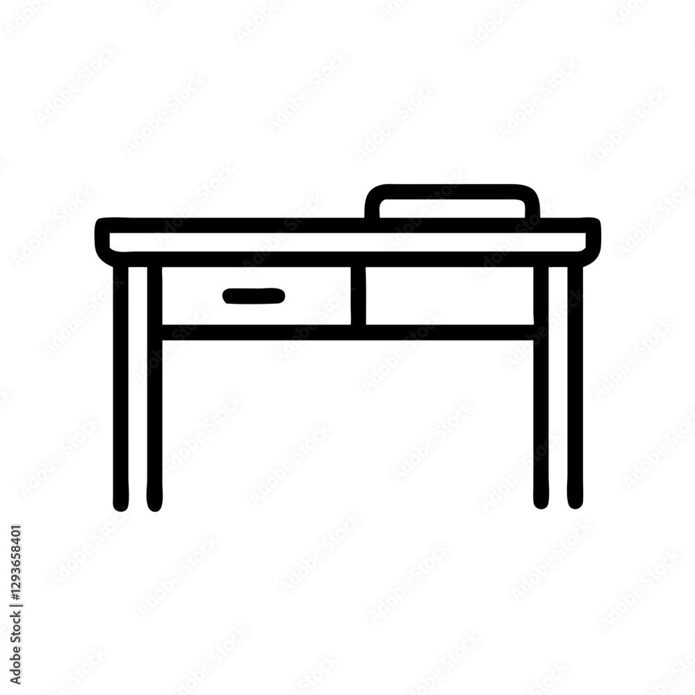 Line drawing of a simple desk with drawers on a white background and copy space Line drawing of a simple desk with drawers on a white background and copy space