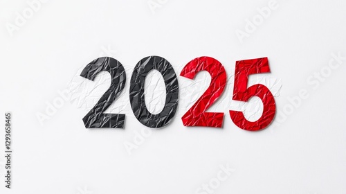 Happy New Year 2025 - Crumpled paper numbers forming the year 2025 on a white background. A festive New Year's photo