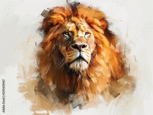 an ultra realistic painting of a male lion, head and shoulders only, plain white background, lots of paint runs and large brush marks