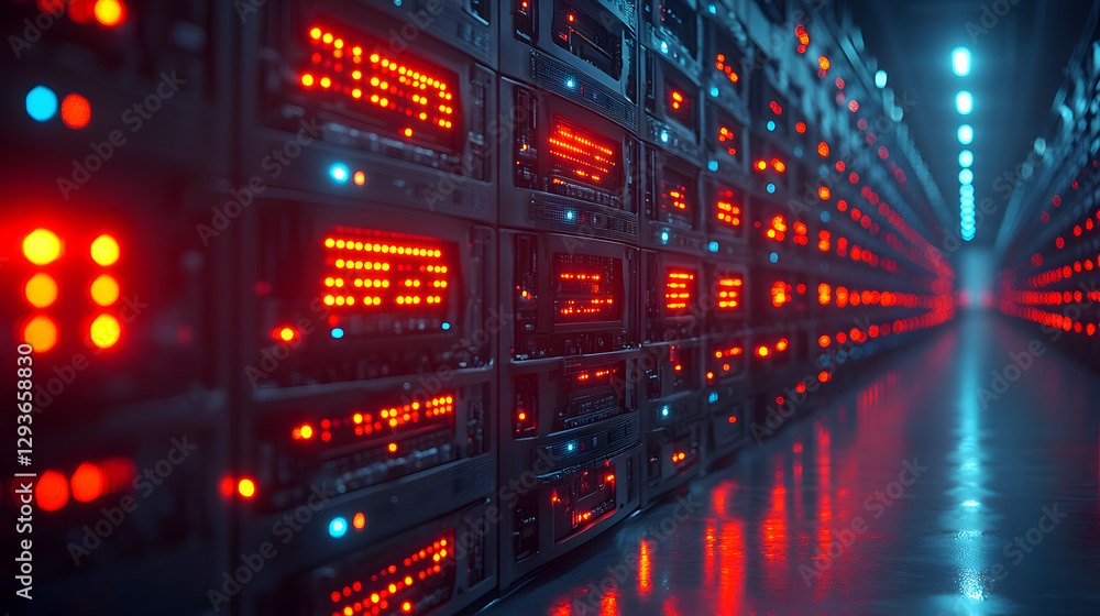 Digital Data Center: A high-tech, modern data center showcases rows of server racks glowing with red and blue lights, conveying the essence of technology and data storage. Digital Data Center: A high-tech, modern data center showcases rows of server racks glowing with red and blue lights, conveying the essence of technology and data storage.