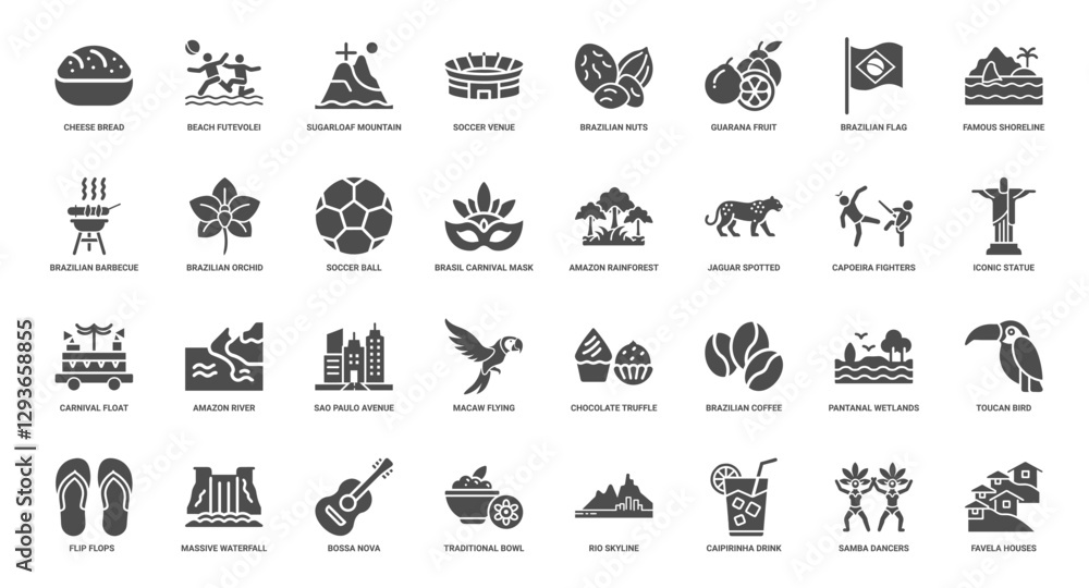 brazil symbols set glyph icons, food landmarks cultural elements brazil symbols set glyph icons, food landmarks cultural elements