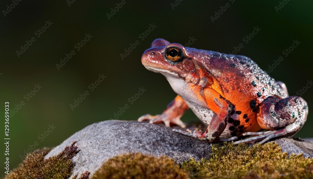 Naklejka premium Iberian Frog Rana iberica Perched on Rocky Outcrop, Spain A Vivid Portrait of Natures Camouflage Master in Authentic Spanish Landscape at Dusk