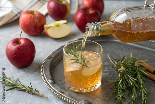 Refreshing apple cider rosemary drink with ice cubes autumn red fall food gold herb life tray tasty photo