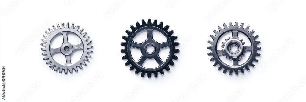Interlocking Gears Mechanism - Three metallic gears, silver, black, and grey, interlock on a white background, symbolizing teamwork and synergy Interlocking Gears Mechanism - Three metallic gears, silver, black, and grey, interlock on a white background, symbolizing teamwork and synergy