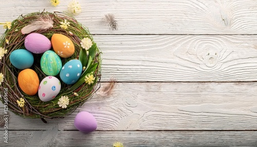 Easter Eggs on Old White Wood Background