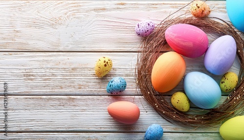Easter Eggs on Old White Wood Background