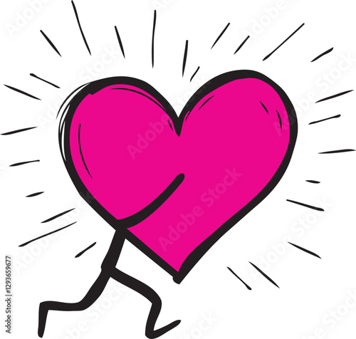 vector illustration of running person holding big pink heart, black person silhouette running with pink heart isolated on white background with copy space for text, love valentine wedding concept