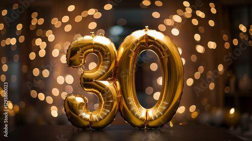 Wallpaper Mural Ballon de baudruche doré et argent, avec chiffre et lumière. 30 ans. Anniversaire, fête, célébration. Pour conception et création graphique. Torontodigital.ca