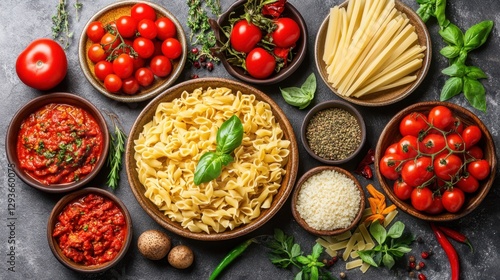 Wallpaper Mural A close-up view of a bowl filled with pasta, garnished with fresh tomatoes, basil, and various other ingredients, showcasing vibrant colors and textures. Torontodigital.ca
