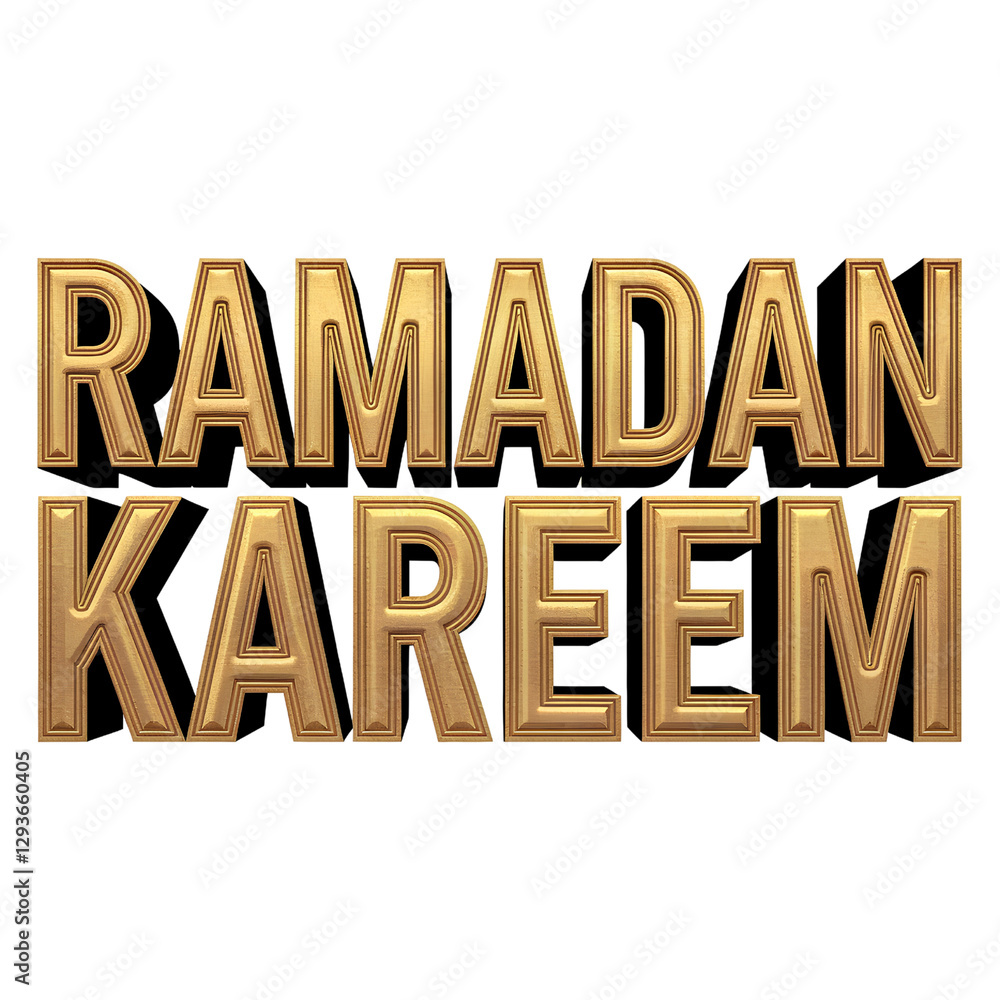  Golden 3D text of 'RAMADAN' above 'KAREEM', bold and raised, isolated on transparent background PNG