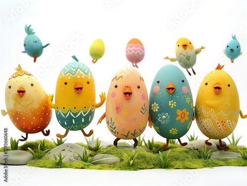 Wallpaper Mural Children’s storybook, dozen eggs, eggs jumping and rolling, let the scene radiate joy and happiness, white background.

 Torontodigital.ca