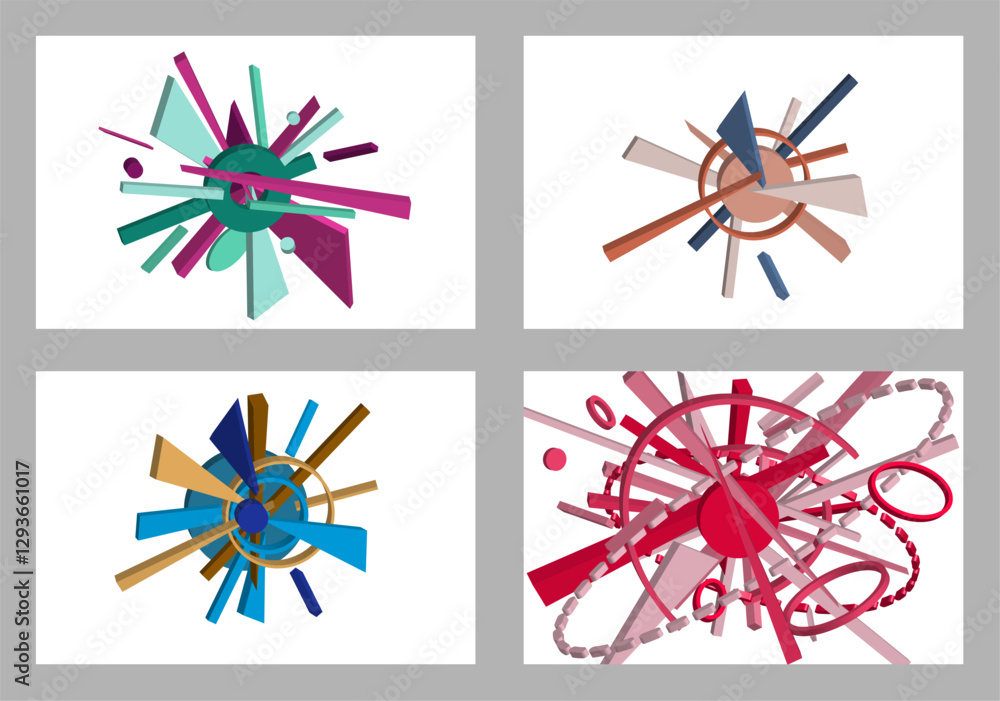 Fototapeta premium Volumetric multi-colored geometric shapes. Abstract geometry. Set of 4 designs. Background or cover design, vector.