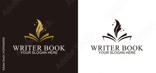 vector book with quill pen, design with golden brown nuance, suitable for business logo, or company related to writers, art, and drawing