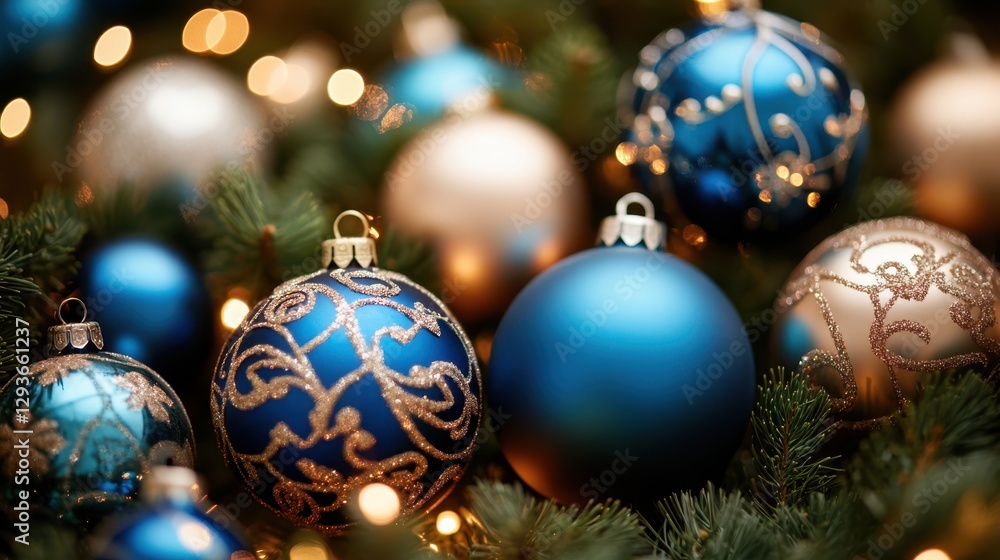 A detailed close-up view showcasing a collection of vibrant blue and gold ornaments, highlighting their intricate designs and rich colors. A detailed close-up view showcasing a collection of vibrant blue and gold ornaments, highlighting their intricate designs and rich colors.