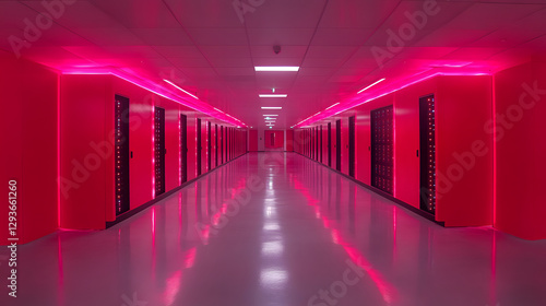 Crimson Corridor  An immersive perspective of a long  vibrant crimson corridor bathed in neon light  lined with symmetrical doors that recede into the distance