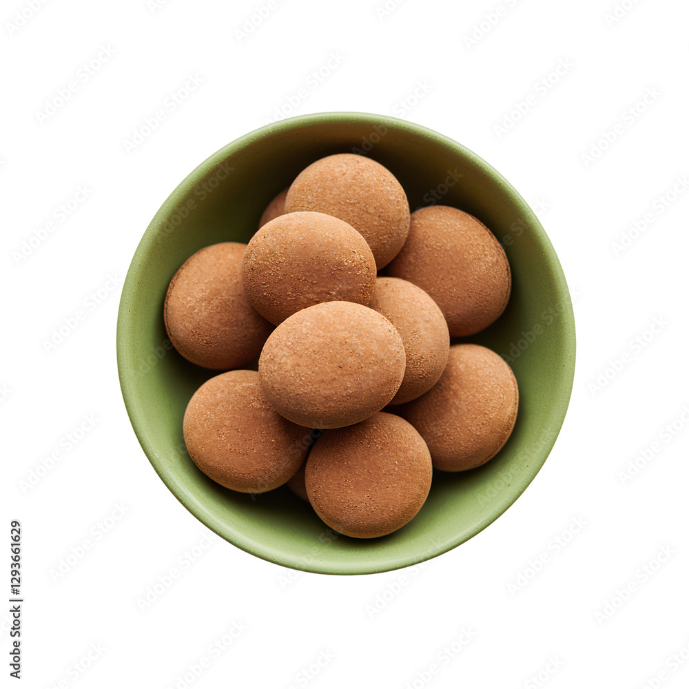 Green bowl containing several brown oval-shaped chocolates or confectionery, isolated on transparent background PNG Green bowl containing several brown oval-shaped chocolates or confectionery, isolated on transparent background PNG