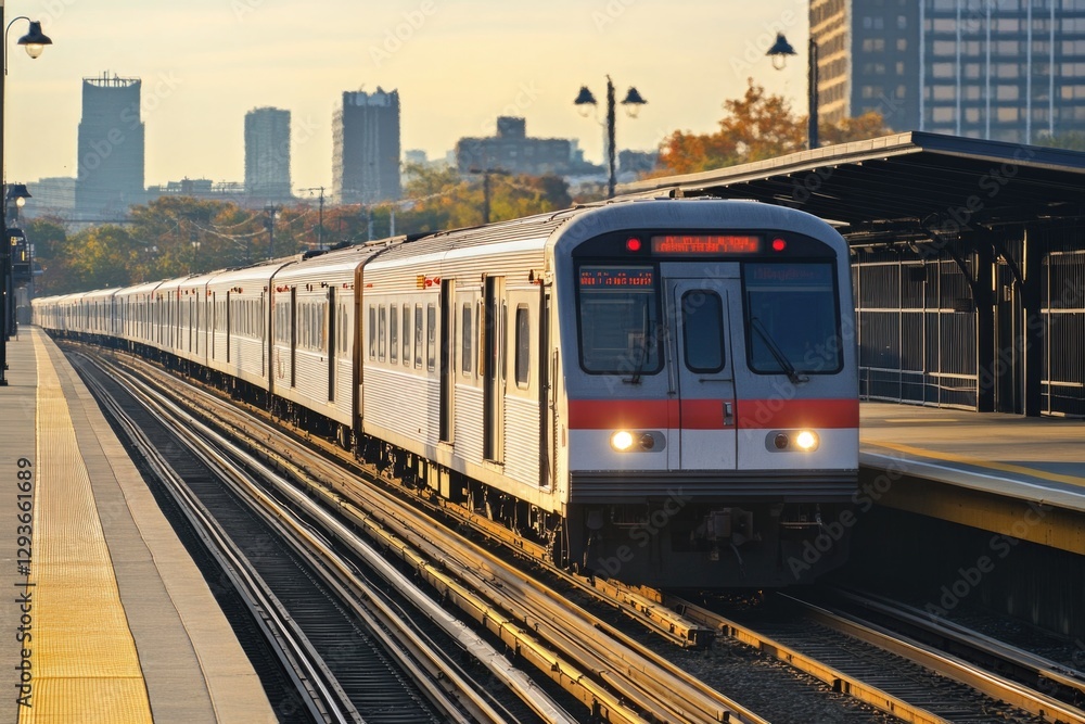 Naklejka premium A subway train pulls into a busy train station, with people waiting to board