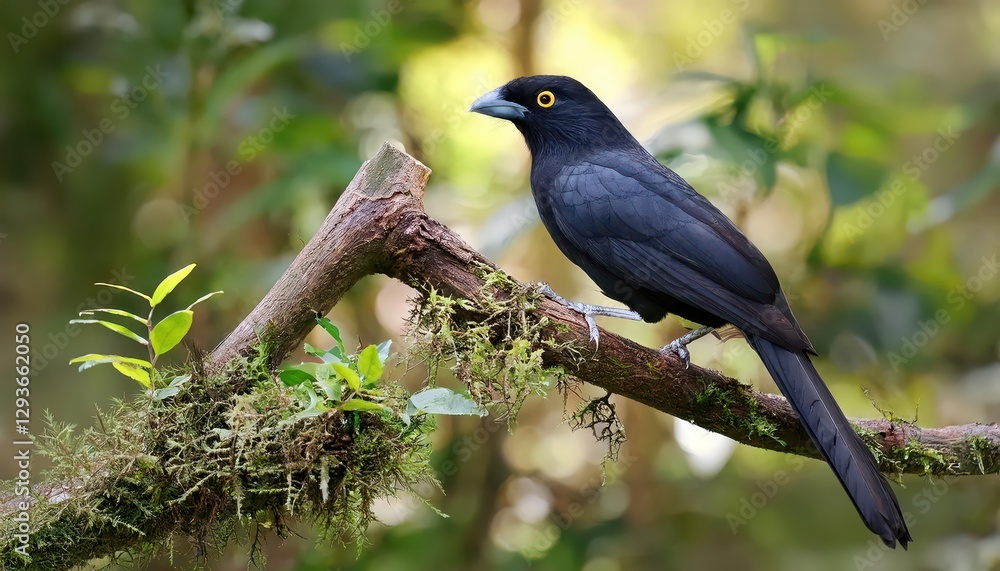 Obraz premium Perched Black Baza on a Branch against an Emerald Canopy, Striking Avian Portrait in Tropical Rainforest with Vibrant Green Leaves and Dappled Sunlight.