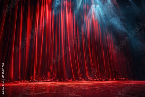 Red Stage Curtain Illuminated by Dramatic Spotlights