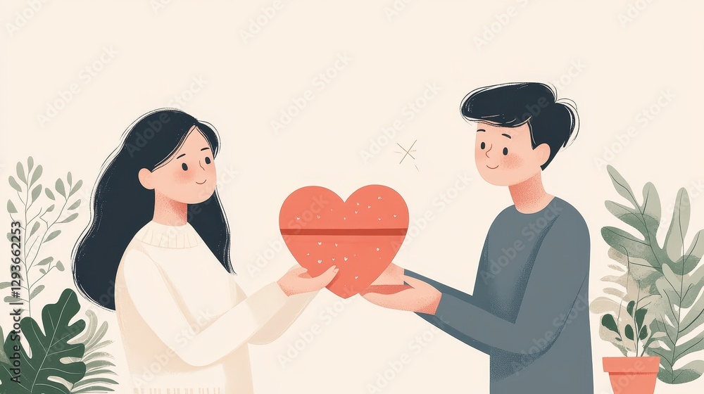 Minimalist Valentine's Day Gift Exchange - A simple illustration symbolizing love, affection, sharing, gifting, and connection on Valentine's Day. A young couple exchanges a heart-shaped gift Minimalist Valentine's Day Gift Exchange - A simple illustration symbolizing love, affection, sharing, gifting, and connection on Valentine's Day. A young couple exchanges a heart-shaped gift