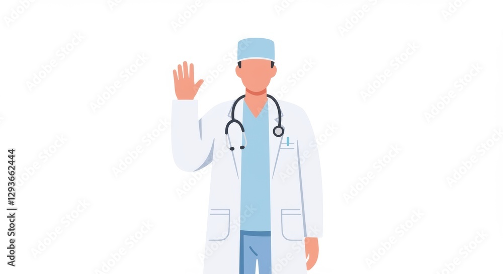 Doctor cartoon in scrubs waving hello in a clean, minimalist background, suggesting a welcoming healthcare environment Doctor cartoon in scrubs waving hello in a clean, minimalist background, suggesting a welcoming healthcare environment