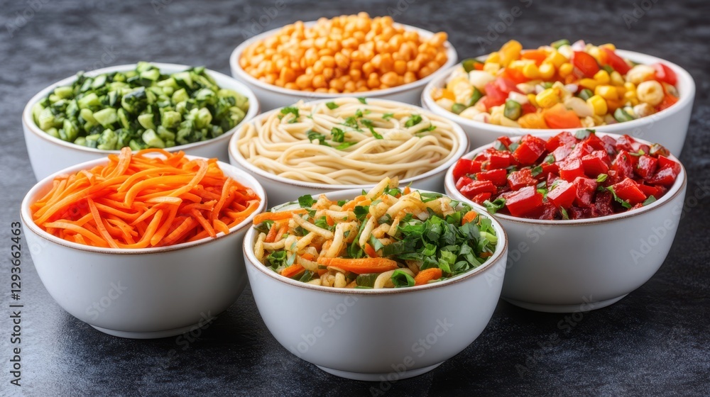 A detailed close-up of various bowls filled with diverse types of food, showcasing an array of colors, textures, and culinary delights. A detailed close-up of various bowls filled with diverse types of food, showcasing an array of colors, textures, and culinary delights.