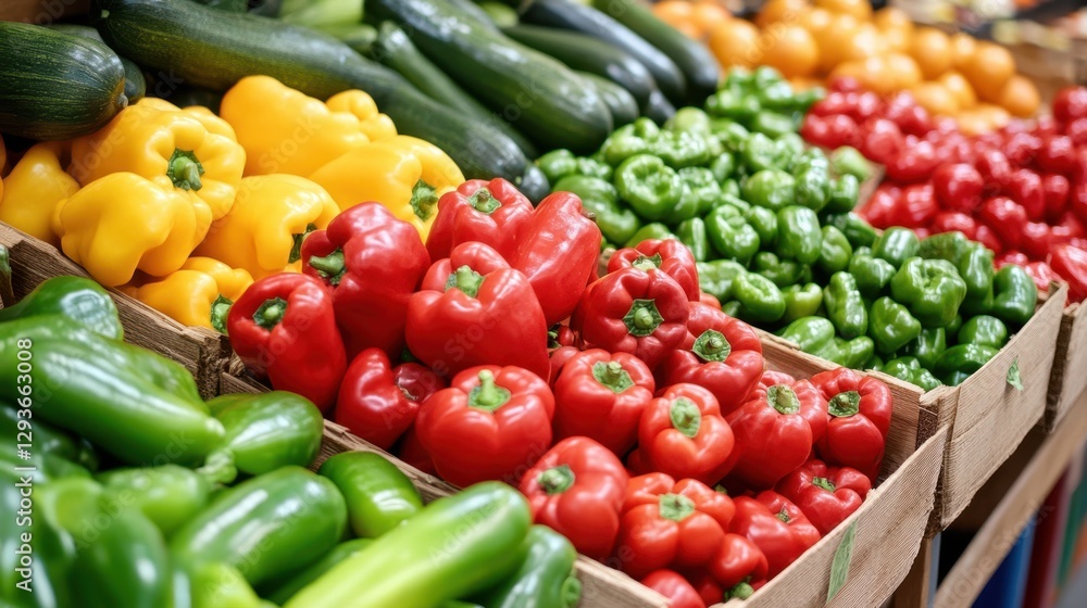 A vibrant market scene showcasing an assortment of vegetables neatly arranged in boxes, highlighting their colors and textures. A vibrant market scene showcasing an assortment of vegetables neatly arranged in boxes, highlighting their colors and textures.