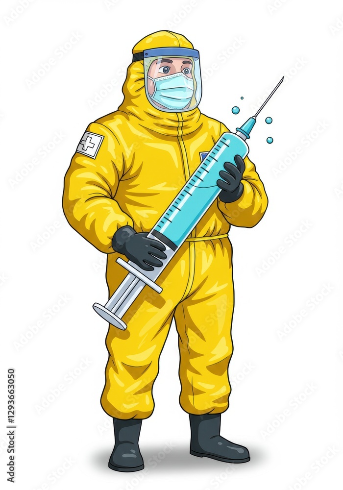 Medical professional in yellow protective suit holding a large syringe, symbolizing health and safety