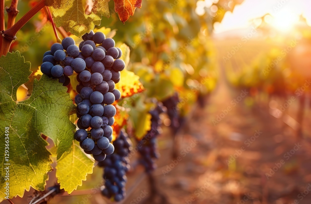 Fototapeta premium Ripe Red Grapes on the Vine at Sunset in a Vineyard