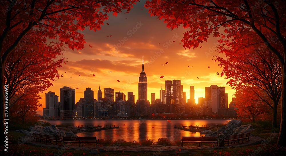 Obraz premium Pixel Art Cityscape at Sunset Framed by Autumn Leaves 