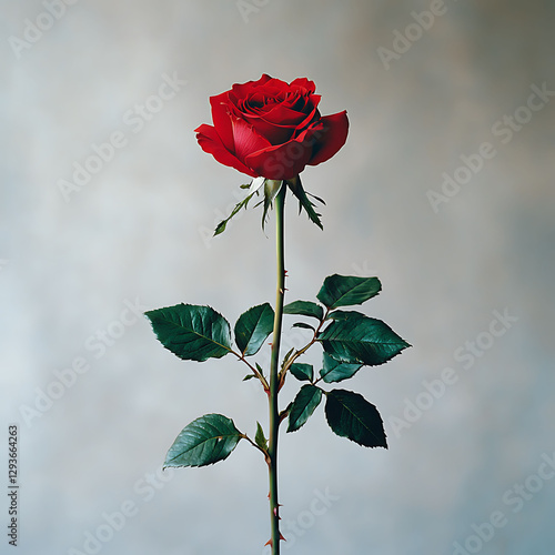Single red rose on a stem against a soft grey backdrop.  Elegant, minimalist style, perfect for cards, websites, or romantic themes.  Highresolution image ideal for printing.