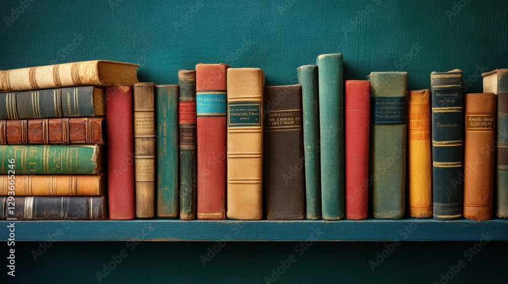 Naklejka premium A vibrant shelf filled with books, set against a striking green wall and a contrasting blue wall, creating a lively reading space.