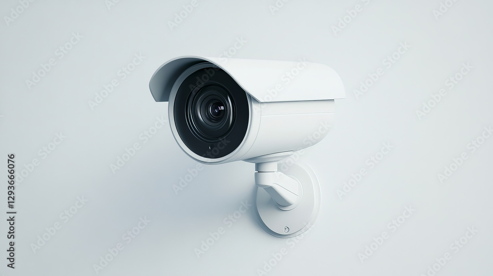 Modern security camera with sleek design mounted on a light-colored wall Modern security camera with sleek design mounted on a light-colored wall