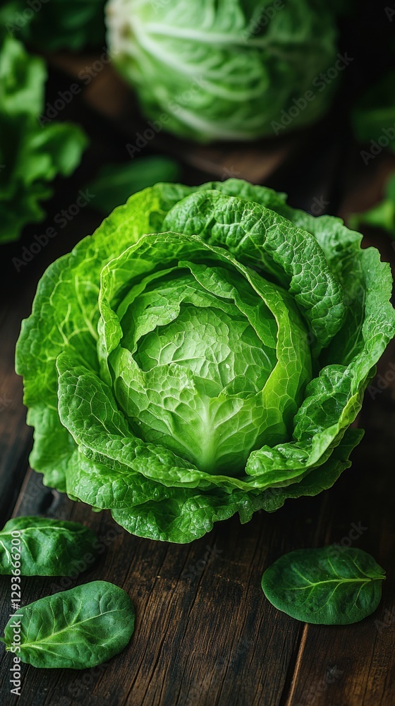 Obraz premium Large head of lettuce cut in half on rustic wooden table with scattered leaves
