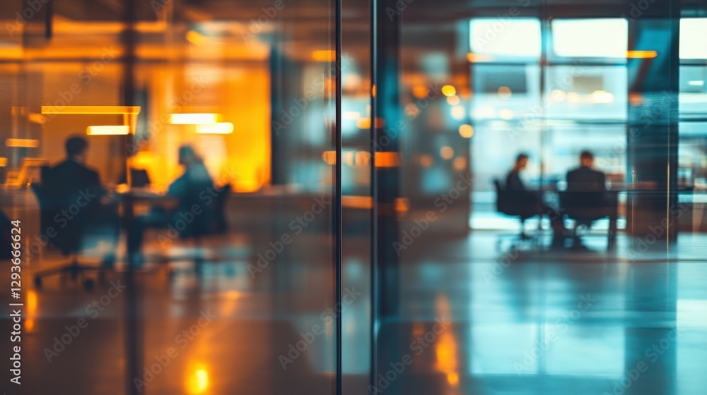 Business meeting in a modern office with blurred figures discussing strategy and collaboration Business meeting in a modern office with blurred figures discussing strategy and collaboration