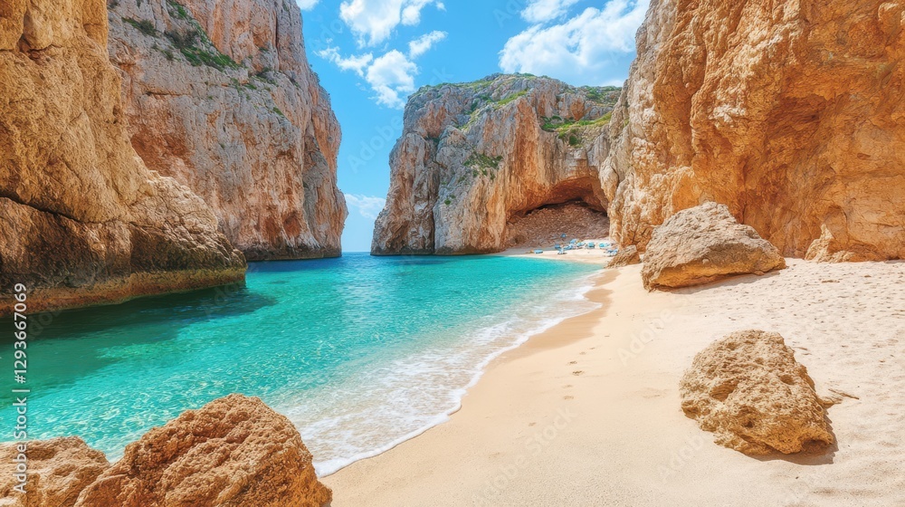 Fototapeta premium A serene sandy beach borders a vibrant blue ocean, framed by a rugged rocky cliff, creating a picturesque coastal landscape.