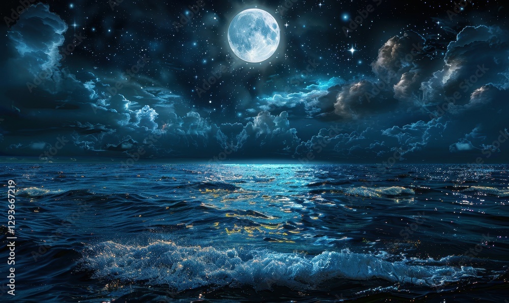 Serene Nightscape: Ocean Under a Full Moon and Starry Sky Serene Nightscape: Ocean Under a Full Moon and Starry Sky