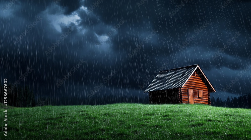 Rural Cabin Under Heavy Rainfall - Solitude, peace, nature's power, shelter, tranquility. A wooden cabin stands alone in a vast meadow during a torrential downpour Rural Cabin Under Heavy Rainfall - Solitude, peace, nature's power, shelter, tranquility. A wooden cabin stands alone in a vast meadow during a torrential downpour