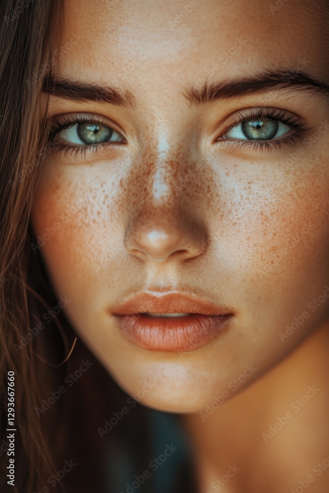 Close-up portrait of a woman with distinctive freckles on her face, suitable for use in editorial and commercial projects Close-up portrait of a woman with distinctive freckles on her face, suitable for use in editorial and commercial projects