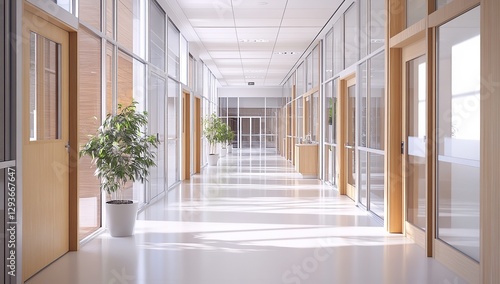Bright Modern Hallway Interior with Sunlight and Plants