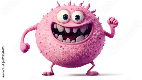 A cartoon monster with a pink body and blue eyes is standing and waving