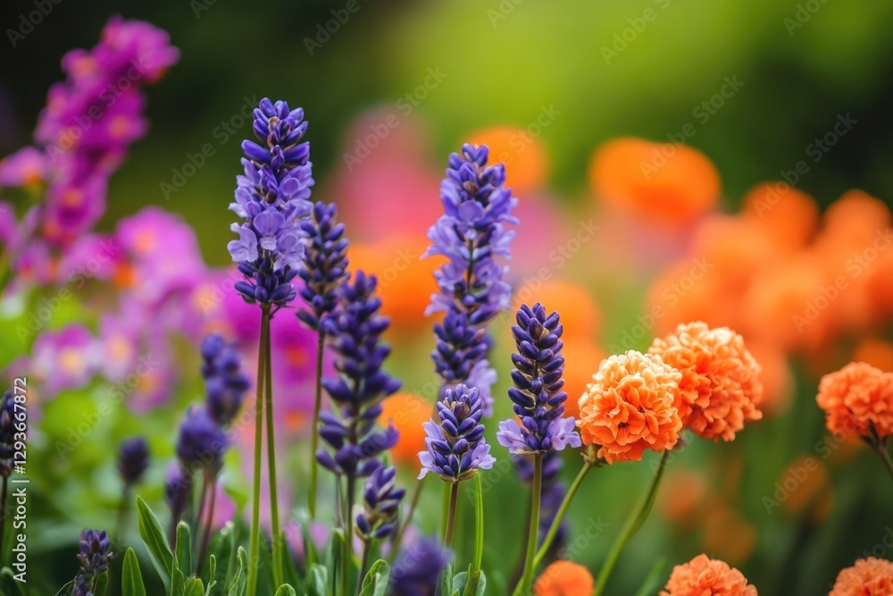 Fototapeta premium A colorful bouquet of purple and orange flowers growing in a lush green field