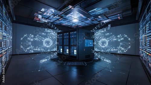 A supercomputer surrounded by glowing data projections.