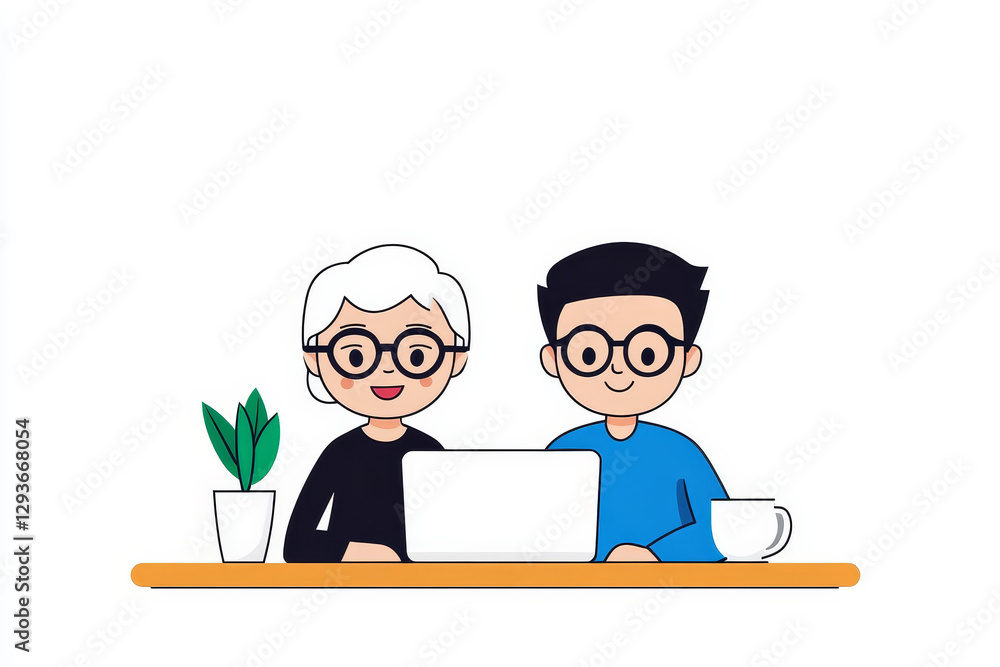 Seniors Using Laptop Minimalist Line Art - Elderly couple, technology, learning, connection, togetherness. Simple line art illustration of an older couple working together on a laptop Seniors Using Laptop Minimalist Line Art - Elderly couple, technology, learning, connection, togetherness. Simple line art illustration of an older couple working together on a laptop