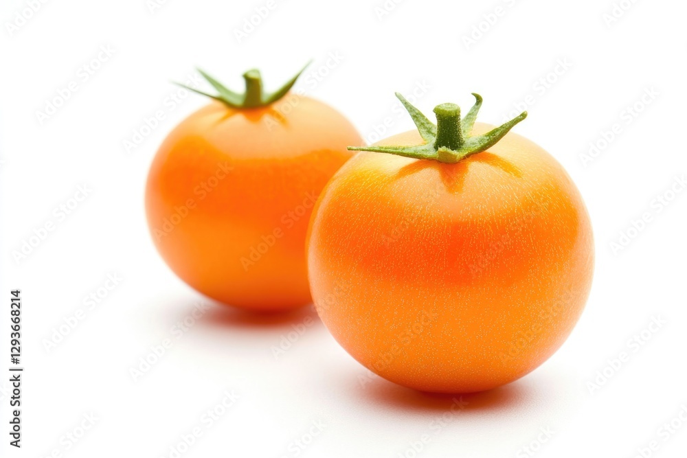 Fresh orange tomatoes arranged on a clean white surface Fresh orange tomatoes arranged on a clean white surface
