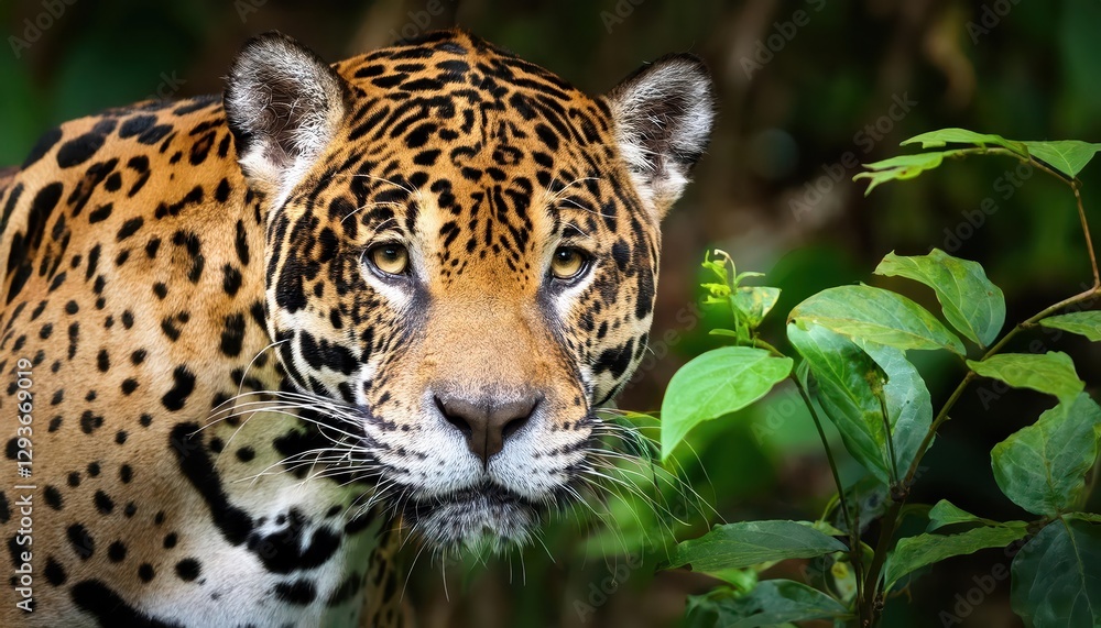 Vigilant Jaguar in Lush Amazon Rainforest, Majestic Feline Guarding the Tropical Wilderness at Dusk with Mystical Glow Vigilant Jaguar in Lush Amazon Rainforest, Majestic Feline Guarding the Tropical Wilderness at Dusk with Mystical Glow