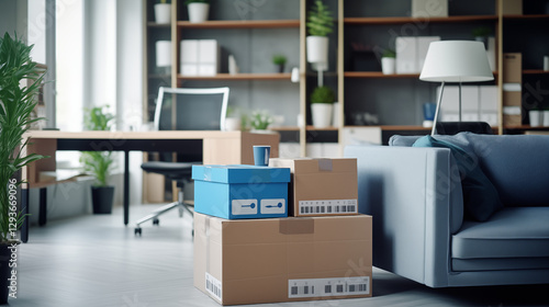 Déménagement dans des bureaux, locaux professionnels. Cartons, boîte de rangement. Business, travail, intérieur. Pour conception et création graphique.